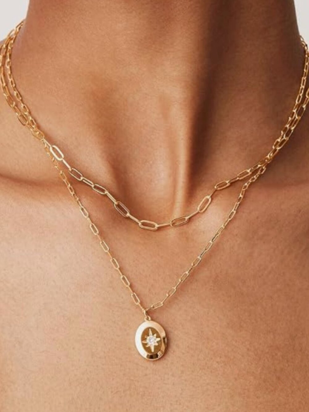 PAVOI 14K Gold Plated Double Star Layered Necklace Like New - Picture 2 of 4